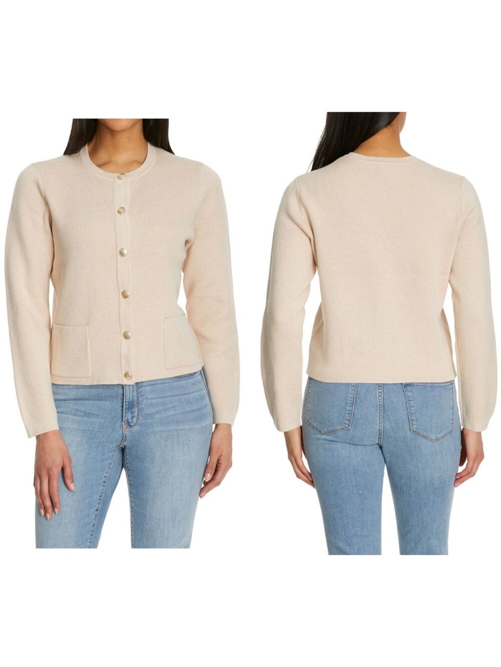 Nine West Plus Beige Cardigan Sweater Patch Pockets Solid Classic Cream Cotton